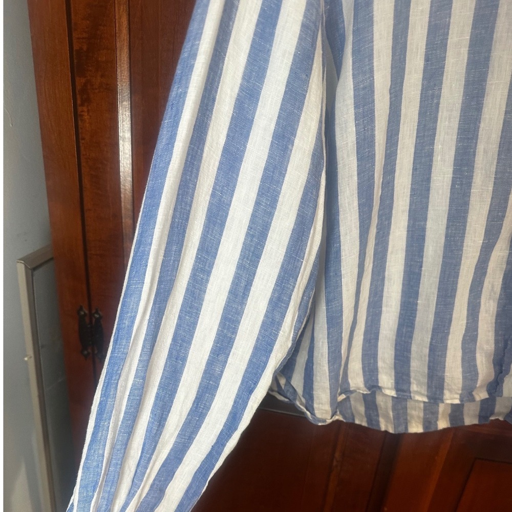 Polo Ralph Lauren Blue White Striped Linen Shirt Crop Boxy Fit XL - Picture 6 of 14